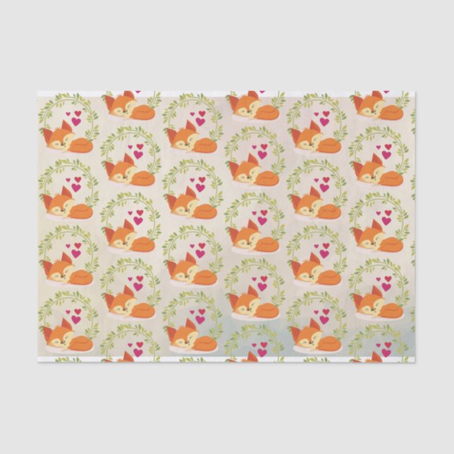 Orange Fox with Red Hearts and a Green Wreath Tissue Paper (Front)