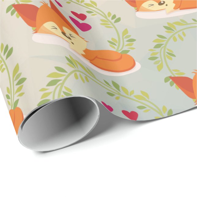Orange Fox with Red Hearts and a Green Wreath Wrapping Paper (Roll Corner)