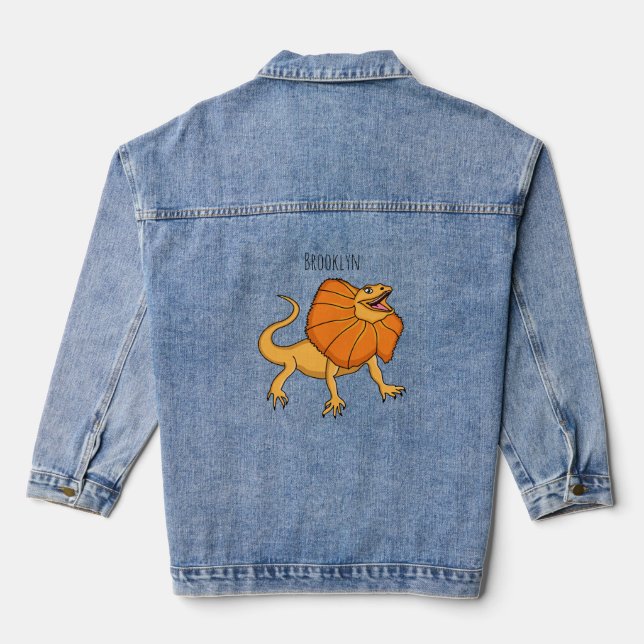 Orange frilled-neck lizard cartoon illustration denim jacket (Back)