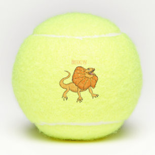 Orange frilled-neck lizard cartoon illustration tennis balls