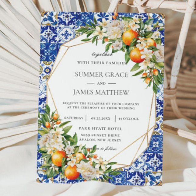 Orange Fruit Floral Mediterranean Tiles Wedding  Invitation (Creator Uploaded)