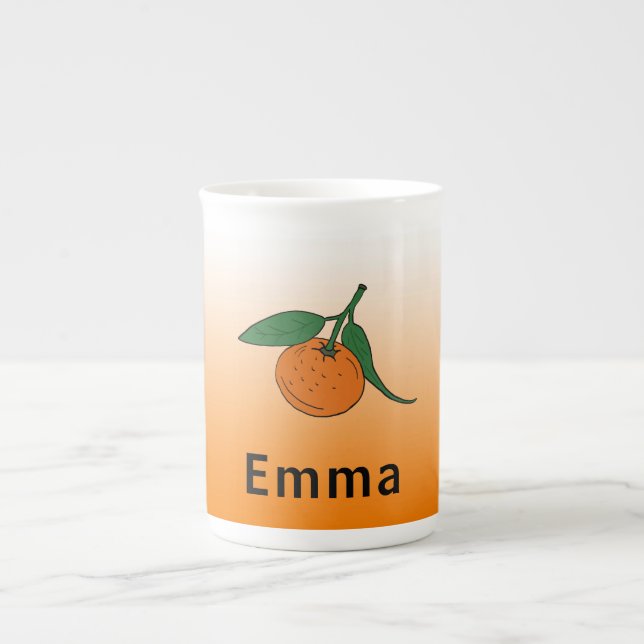 Orange Fruit & Orange White Gradient Monogrammed Bone China Mug (Front)