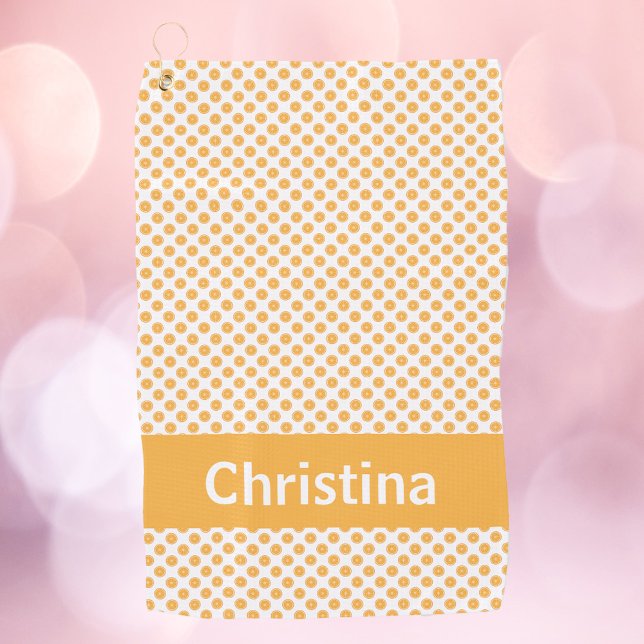 Orange Fruit Pattern Personalise Golf Towel (A golf pattern with a pattern of oranges and text you can personalize!)