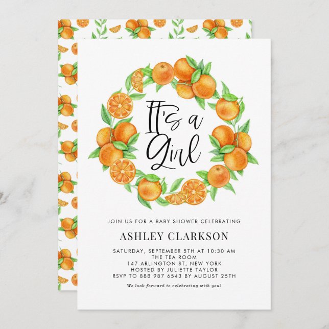 Orange Fruit Wreath Summer It's a Girl Baby Shower Invitation (Front/Back)