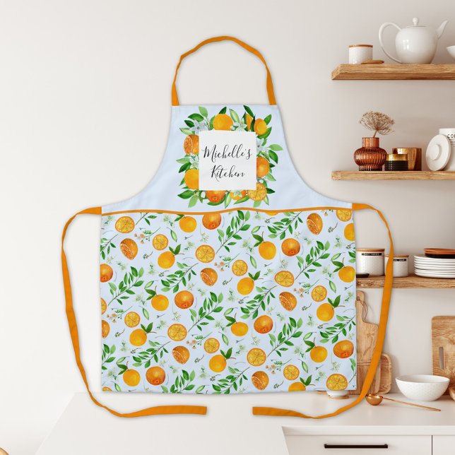 Orange Fruits and Flowers Summer Floral botanical Apron (In situ)