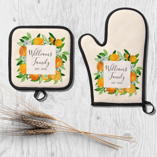 Orange Fruits and Flowers Summer Floral botanical Oven Mitt & Pot Holder Set (In situ)