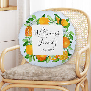 Orange Fruits and Flowers Summer Floral botanical Round Cushion