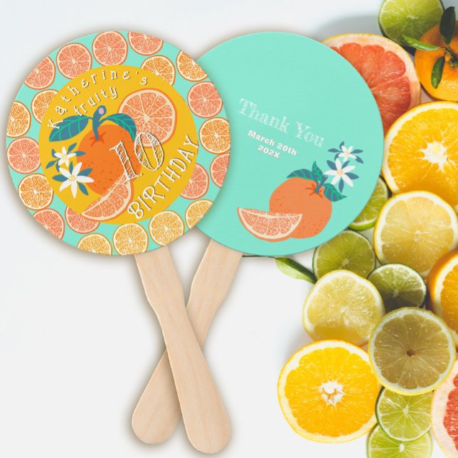 Orange Fruity 10th Birthday Teal Hand Fan (Orange Fruity Birthday Hand Fan.)