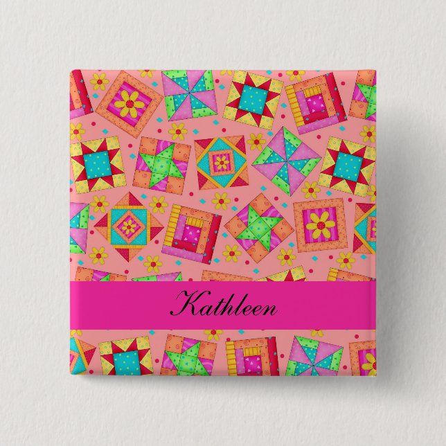 Orange Fuchsia Patchwork Quilt Blocks Name Badge (Front)