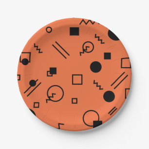 Orange, fun, trendy, geometric Memphis graphic Paper Plate