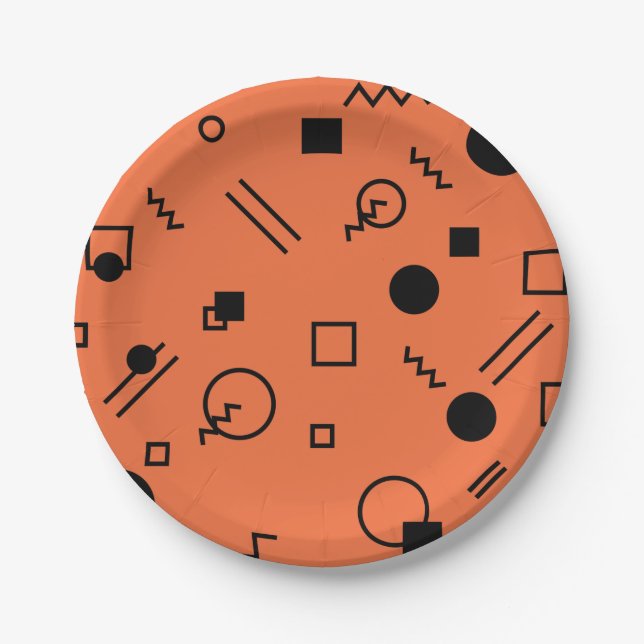 Orange, fun, trendy, geometric Memphis graphic Paper Plate (Front)