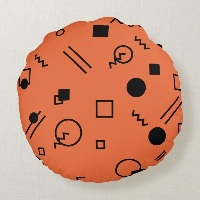 Orange, fun, trendy, geometric Memphis graphic Round Cushion (Back)
