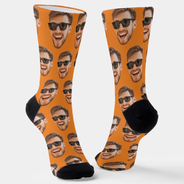 Orange Funny Custom Face Photo Crew Socks (Angled)