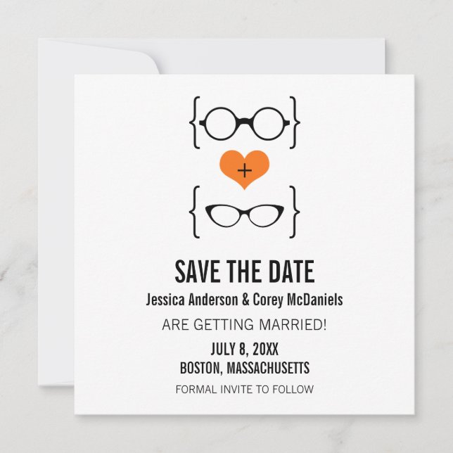 Orange Geeky Glasses Save the Date Announcement (Front)