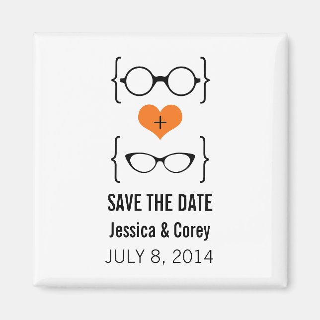 Orange Geeky Glasses Save the Date Magnet (Front)