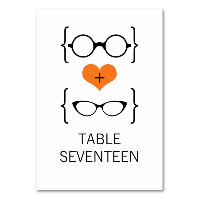 Orange Geeky Glasses Wedding Table Card (Front)