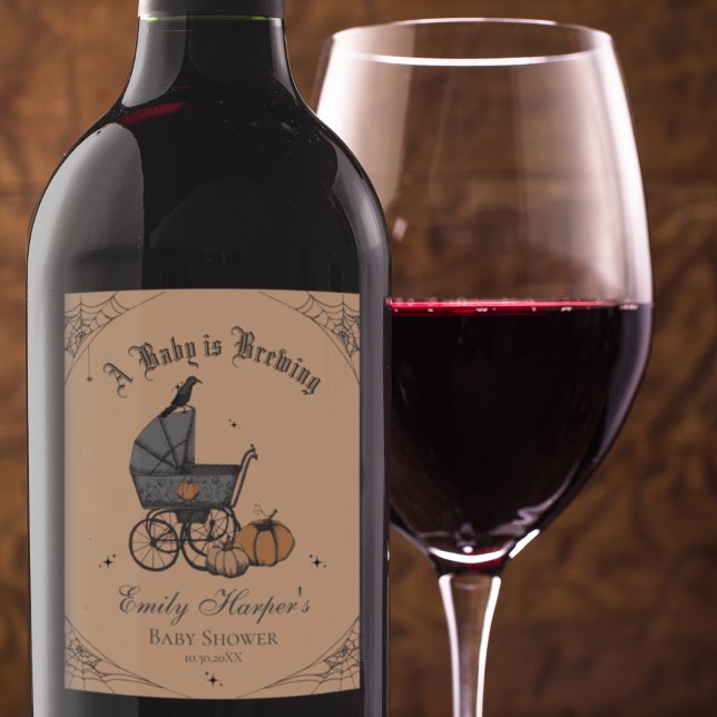 Orange Gender Neutral Baby is Brewing Baby Shower Wine Label (Elegant Orange Gothic Halloween Baby Shower A Baby is Brewing Wine Label. Vintage Baby Carriage)