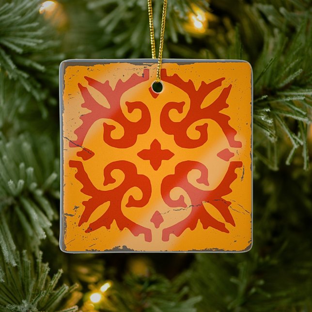 Orange Geometric Tile Board Game Distressed  Ceramic Ornament (Creator Uploaded)