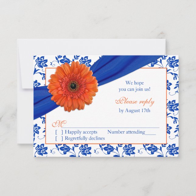 Orange Gerber Cobalt Damask Floral Wedding RSVP (Front)