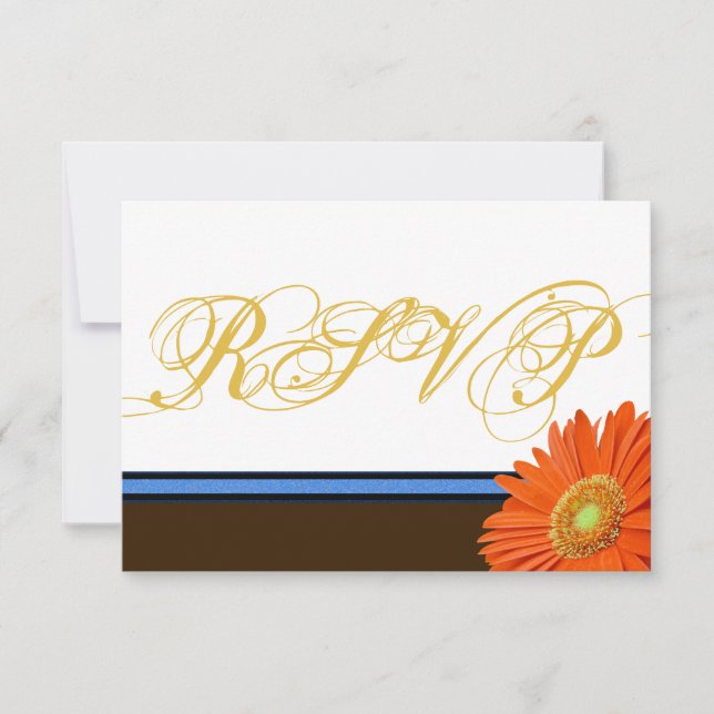 Orange Gerbera Blue Brown w/ Gold Script RSVP Card (Front)