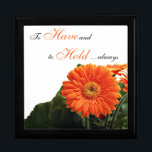 Orange Gerbera Daisy Anniversary Trinket Box<br><div class="desc">This customisable black and white jewellery box has a bunch of bright orange gerbera daisies on it, and the phrase "To have and to hold", which would make it an ideal wedding anniversary gift box for storing a surprise anniversary gift, or let it be the gift itself for your special...</div>