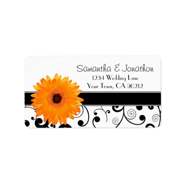 Orange Gerbera Daisy Black Scroll Address Label (Front)