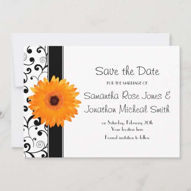 Orange Gerbera Daisy Black Scroll Save the Date (Front)