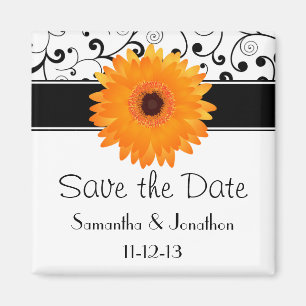 Orange Gerbera Daisy Black Scroll Save the Date Magnet