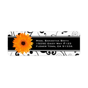 Orange Gerbera Daisy Black & White Scroll Return Address Label