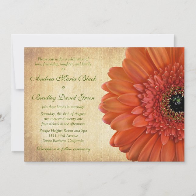 Orange Gerbera Daisy Fall Wedding Invitation (Front)