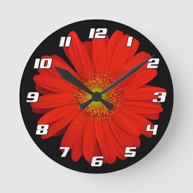 Orange Gerbera Daisy Flower on black with Numbers Round Clock (Front)