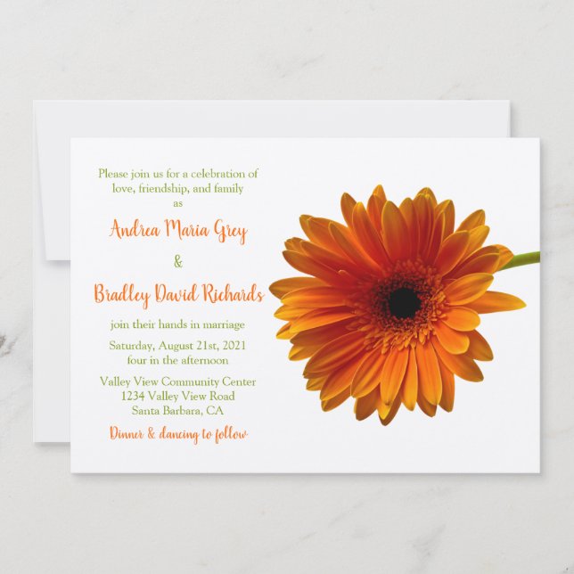 Orange Gerbera Daisy Flower Wedding Invitation (Front)