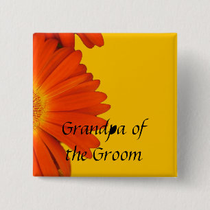 orange gerbera daisy flowers buttons. 15 cm square badge
