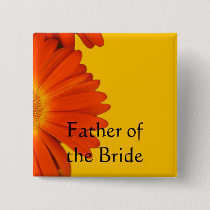 orange gerbera daisy flowers buttons. 15 cm square badge