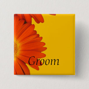 orange gerbera daisy flowers buttons. 15 cm square badge