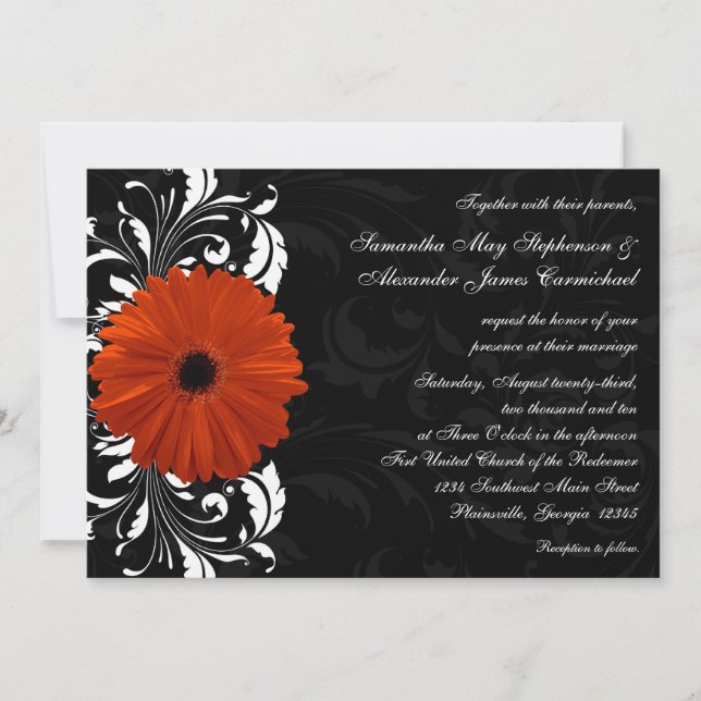 Orange Gerbera Daisy with Black and White Scroll Invitation (Front)