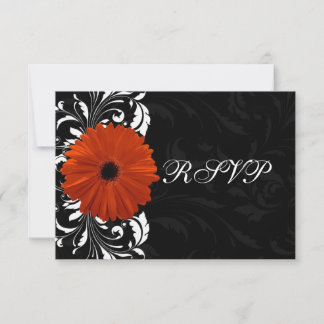 Orange Gerbera Daisy with Black and White Scroll RSVP Card