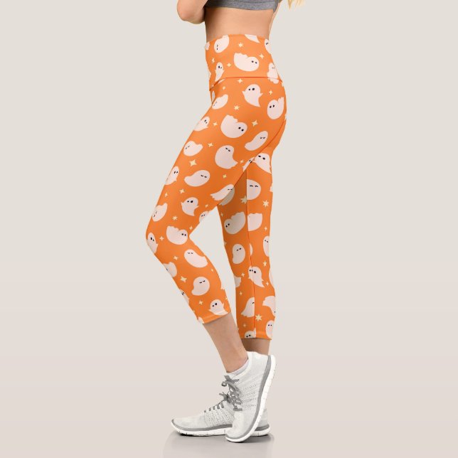 Orange Ghost Doodle Pattern Capri Leggings (Left)