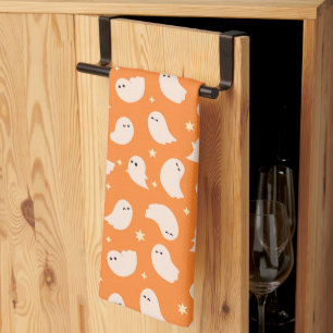 Orange Ghost Doodle Pattern Tea Towel