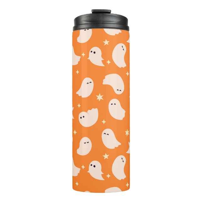 Orange Ghost Doodle Pattern Thermal Tumbler (Front)