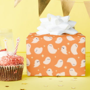 Orange Ghost Doodle Pattern Wrapping Paper