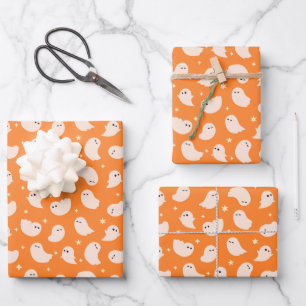 Orange Ghost Doodle Pattern Wrapping Paper Sheet