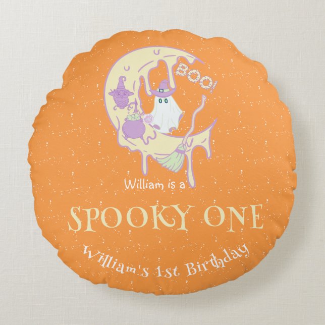 Orange Ghost Spooky One Boy Halloween Birthday Round Cushion (Front)