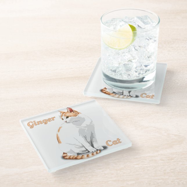 Orange Ginger and White Cat Personalised Glass Coaster (Angled)