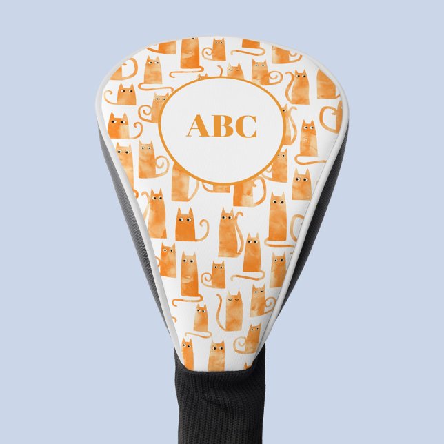 Orange Ginger Cat Monogram Intials Personalized Golf Head Cover (Fun watercolor orange ginger cat pattern monogram initials personalized golf head cover)