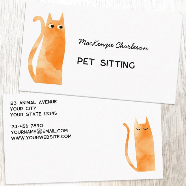 Orange Ginger Cat Pet Sitting Business Card (Orange Ginger cat watercolor custom text pet feeding cat sitting business card)