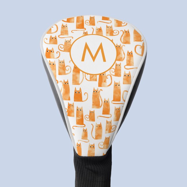 Orange Ginger Cat Watercolor Monogram Golf Head Cover (Ginger orange cat watercolor pattern personalized monogram initial golf head cover for animal lovers)