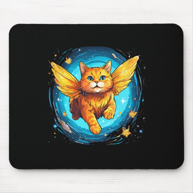 Orange Ginger Cat With Butterfly Wings In Space  Mouse Pad (Front)