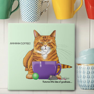 Orange Ginger Coffee Cat Funny Ceramic Tile