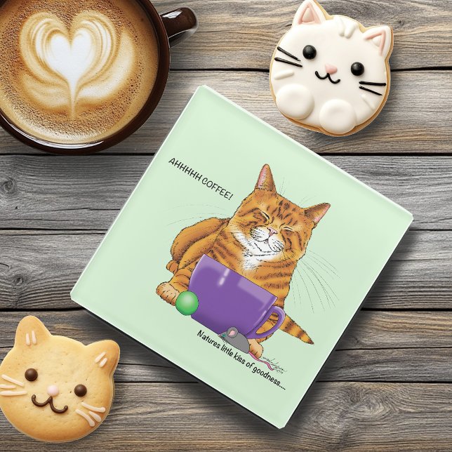 Orange Ginger Coffee Cat Funny Glass Coaster (Creator Uploaded)